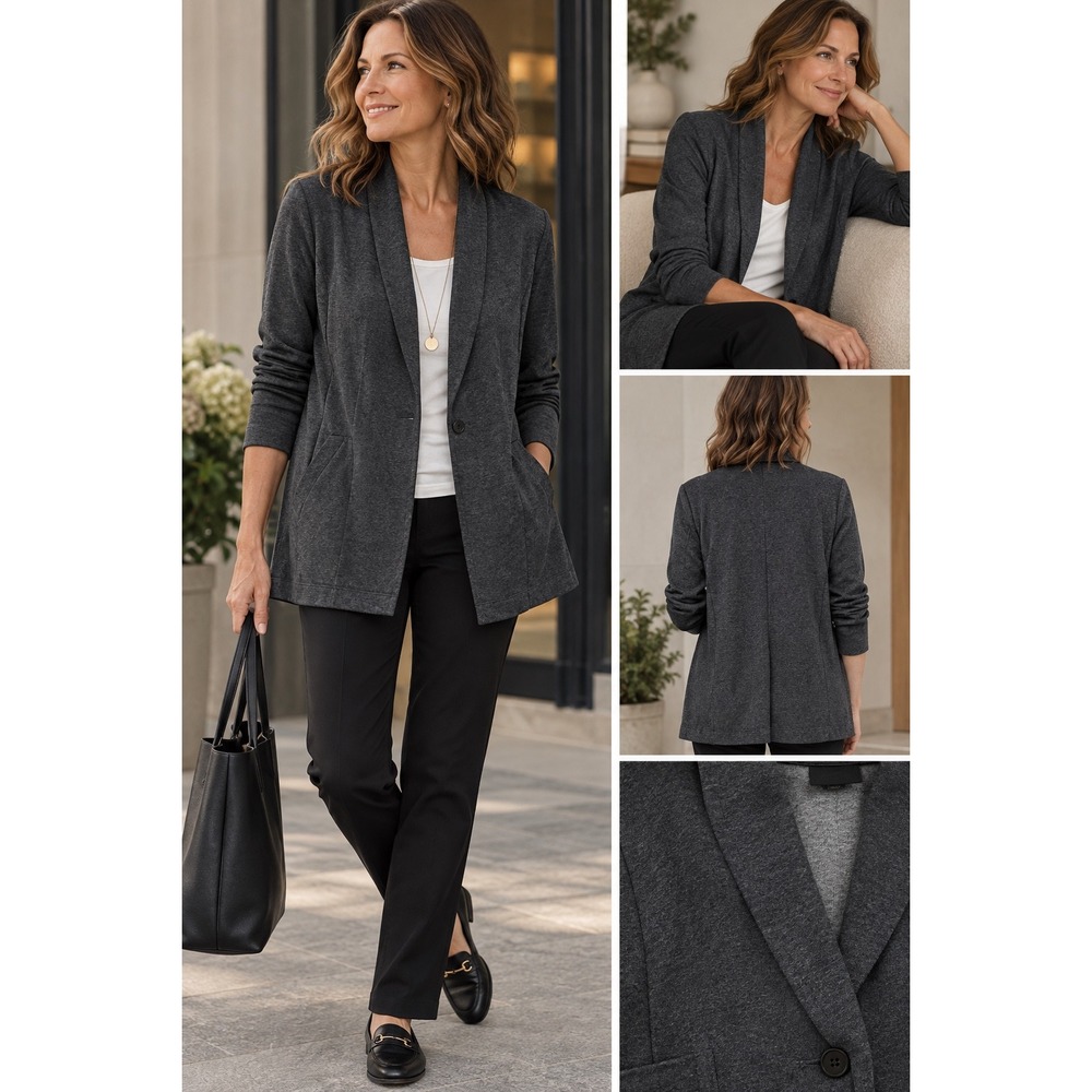 J. Jill Wearever Gray Knit Single Button Blazer Jacket Size M